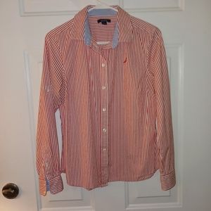 Nautical Long sleeve shirt  with button down front and collar. Orange/pink/red c